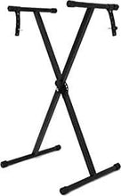Load image into Gallery viewer, Adjustable black X Style Keyboard Stand with straps, non-slip rubber caps, and folding design for easy transport and storage

