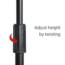 Load image into Gallery viewer, Close-up of black tripod boom microphone stand height adjustment twist mechanism with text instructions
