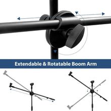 Load image into Gallery viewer, Close-up of extendable and rotatable boom arm on tripod boom microphone stand with two mic clips
