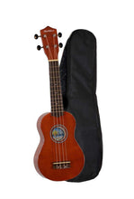 Load image into Gallery viewer, Hula Beach USA colorful soprano ukulele with basswood body, rosewood fingerboard, geared tuners, and black gig bag
