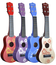 Load image into Gallery viewer, Hawaii children soprano ukuleles in red, purple, blue, and natural wood with floral Hawaiian designs
