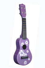 Load image into Gallery viewer, Purple HAWAII Children Soprano Ukulele with white Hawaiian floral design, wood soundboard, 20-inch size
