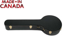 Load image into Gallery viewer, Black hardshell banjo case with metal fasteners and plush interior, made in Canada
