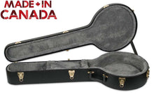 Load image into Gallery viewer, Open hardshell banjo case with plush gray interior and heavy-duty metal fasteners made in Canada
