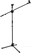 Load image into Gallery viewer, Tripod boom microphone stand with adjustable boom arm and two mic clips on a tripod base
