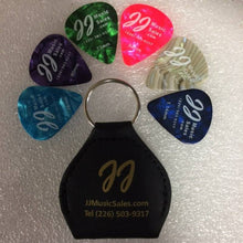 Load image into Gallery viewer, Leather Pick Key Chain Holder with colorful guitar picks by JJ Music Sales
