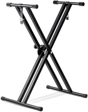 Load image into Gallery viewer, Adjustable black double braced X style keyboard stand with non-slip rubber end caps and locking straps for stability and easy transport
