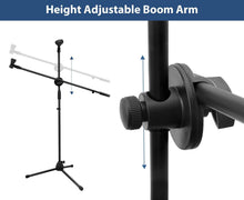 Load image into Gallery viewer, Tripod boom microphone stand with height adjustable boom arm and two mic clips
