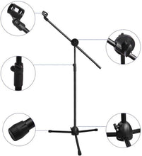 Load image into Gallery viewer, Tripod boom microphone stand with adjustable arm and two mic clips on tripod base
